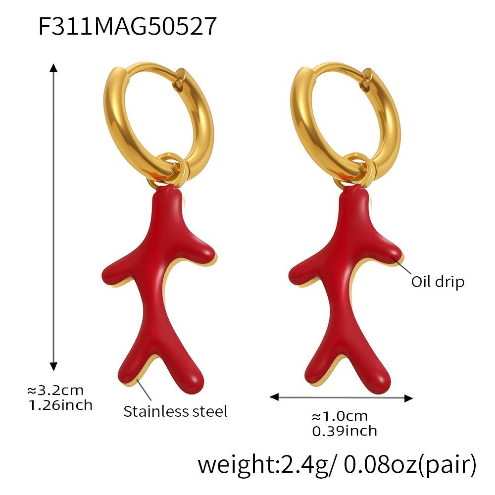 18k Gold-Plated Delicate Coral Red Bead Earrings with Stainless Steel for Women