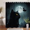 Rideau de douche 1 Chat Noir et Pleine Lune - Chat aux yeux jaunes réaliste et silhouette de sorcière, tissu polyester, lavable en machine