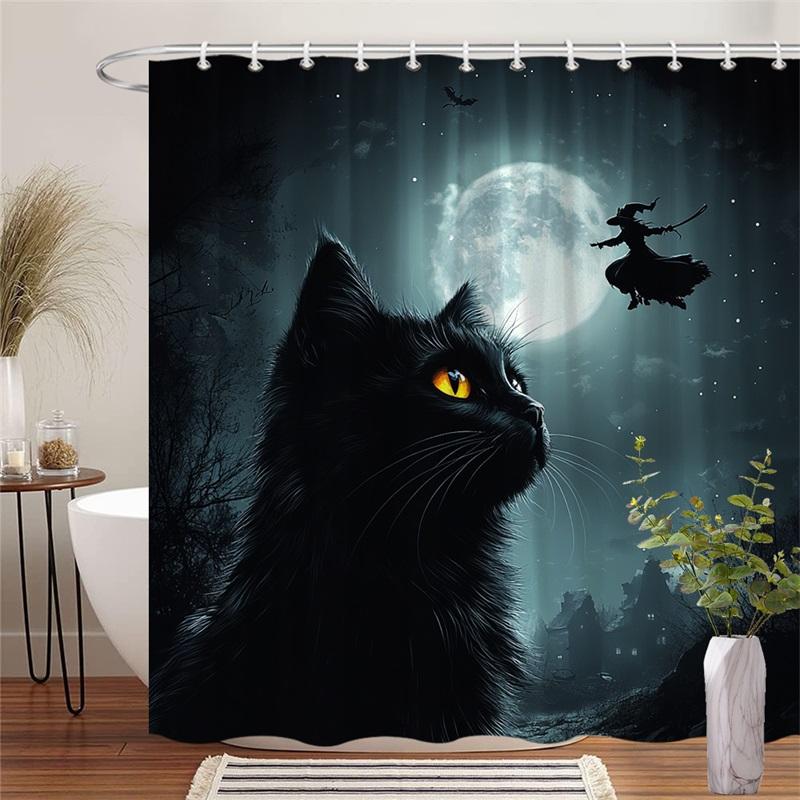 

1 Black Cat And Full Moon Shower Curtain - Realistic Yellow-Eyed Cat And Witch Silhouette, Polyester Fabric, Machine Washable W60H190(CM)-1 Pcs