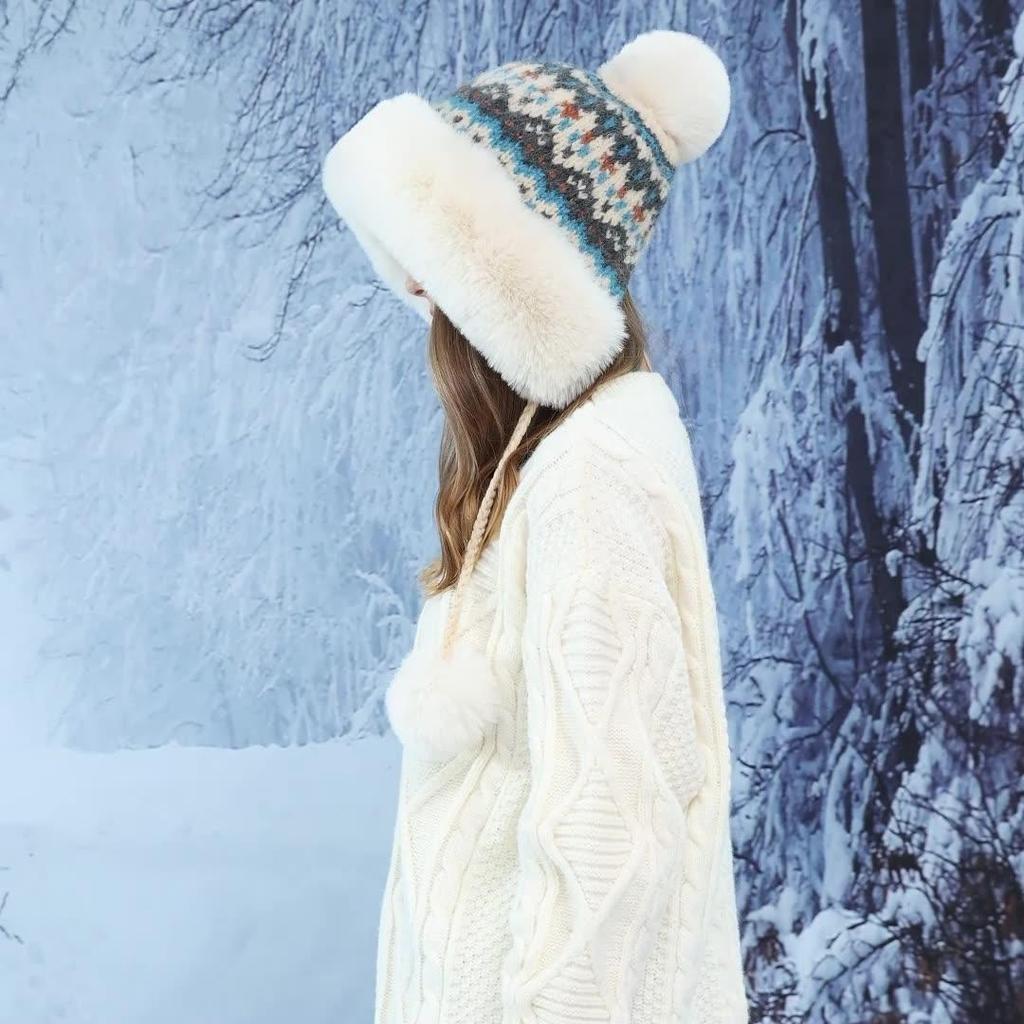 Women Autumn Winter Warm Thicken Ear Protector Knitted Hat Cold Velvet Hair Ball Outdoor Cycling Bomber Hat Sweet Cute Lei Feng Hat