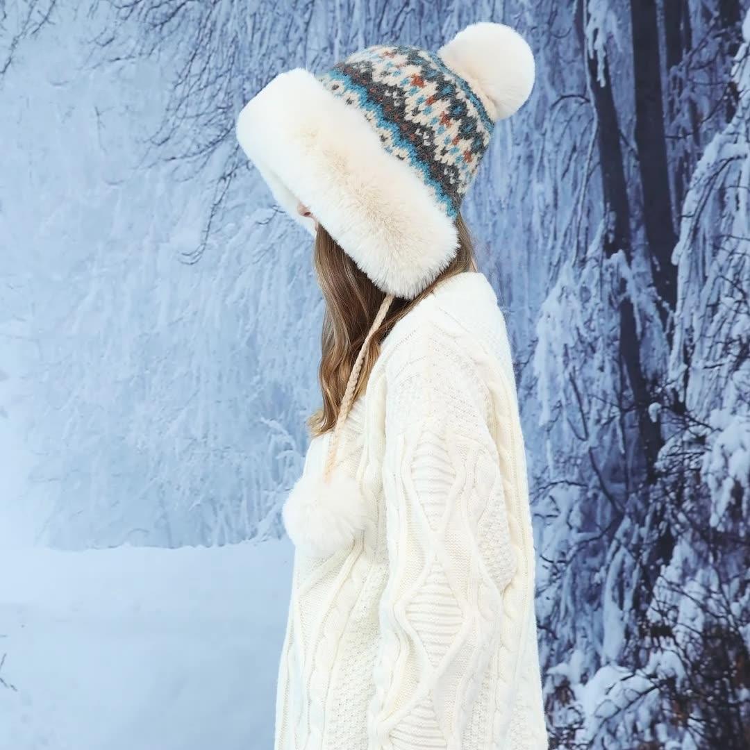 Женская осенне-зимняя теплая утолщенная вязаная шапка с защитой для ушей — фото 7