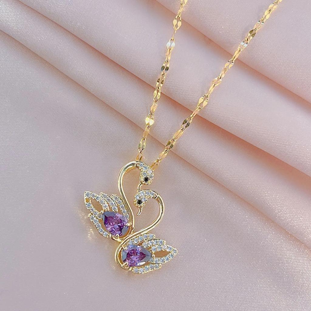 Luxury Brand Purple Crystal Swan Pendant Necklace for Women Charm Fashion Stainless Steel Bride Collar Jewelry Gift Colorfast