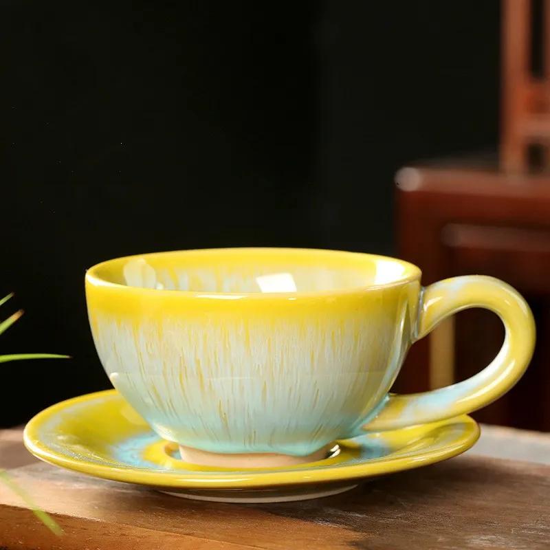 Ceramic Kiln Changed Coffee Cup and Saucer Set Creative Vintage Chinese Breakfast Cups Afternoon Tea Drinking Utensils