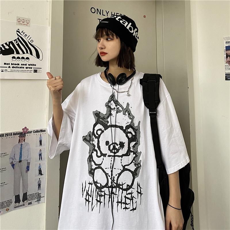 Cross-border summer new trendy brand pure cotton bear cartoon printed men's clothing Korean version loose short-sleeved T-shirt men's couple clothing