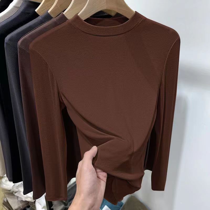 Herbst Winter Neue Modische Stilvolle Deutscher Samt Stehkragen Innen Weiß Basis Hemd Damen Slim Fit Langarm T-Shirt Top