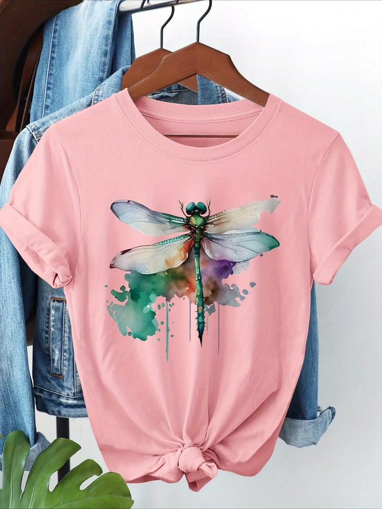 Womens Casual Short Sleeve Crew Neck TShirt Watercolor Dragonfly Ink Splatter Graphic Print Comfortable Women Clothing
