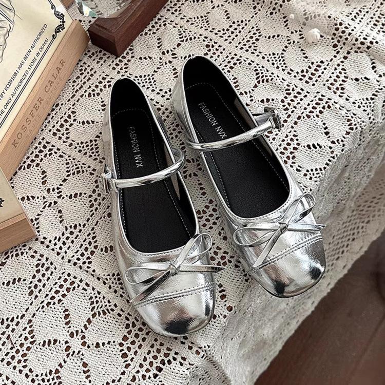 Silver Light Mouth Ballet Flat-soled Single Shoes for Women's 2025 New Summer Skirt French Round Head Mary Jane Shoes