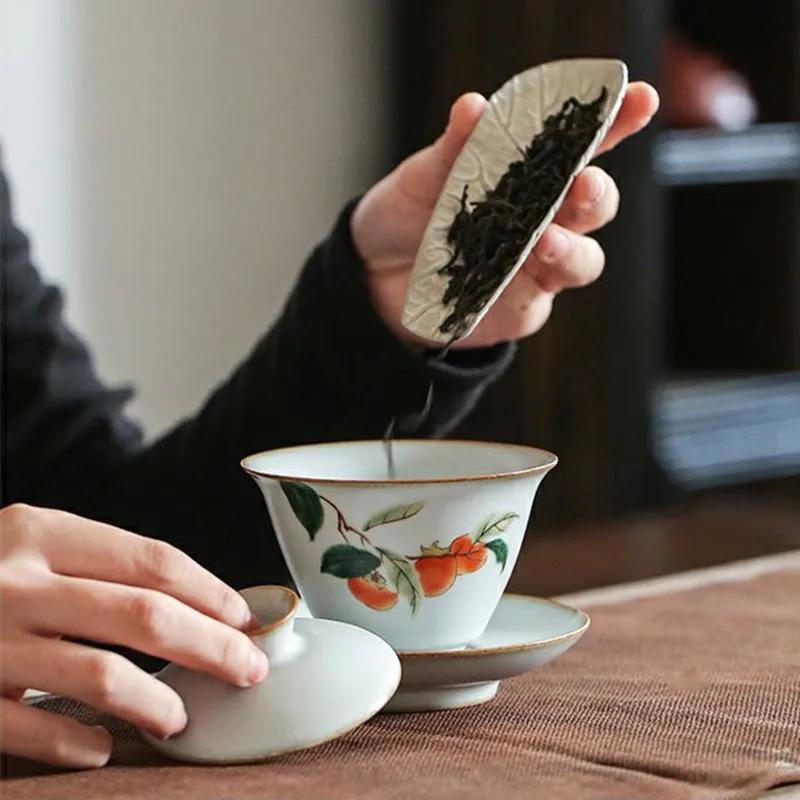 150ml Retro Ru Kiln Ceramic Tea Tureen Handmade Flower Pattern Gaiwan Household Teacup Travel Portable Tea Bowl Chinese Teaware