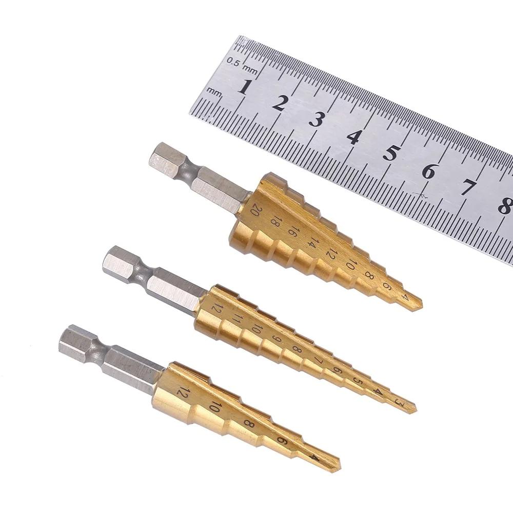 3pcs HSS Titanium Coated Step Drill Bit 4-12 4-20 4-32 Ing Power Tools, Metal High Speed Steel Wood Hole Cutter Cone.