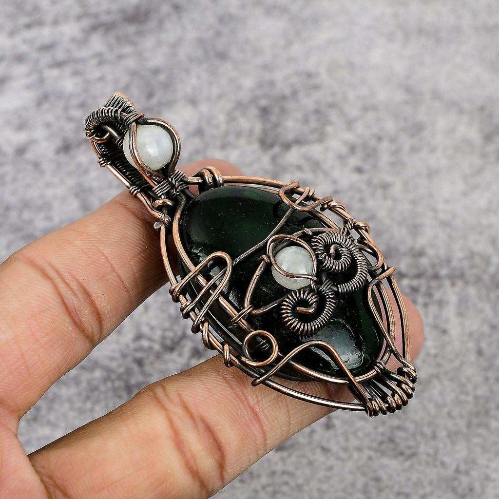 Green Flash Labradorite & Rainbow Moonstone 999 Copper Wire Wrapped Pendant, Handmade Gemstone Pendant , Gift For Mom Antique Jewelry