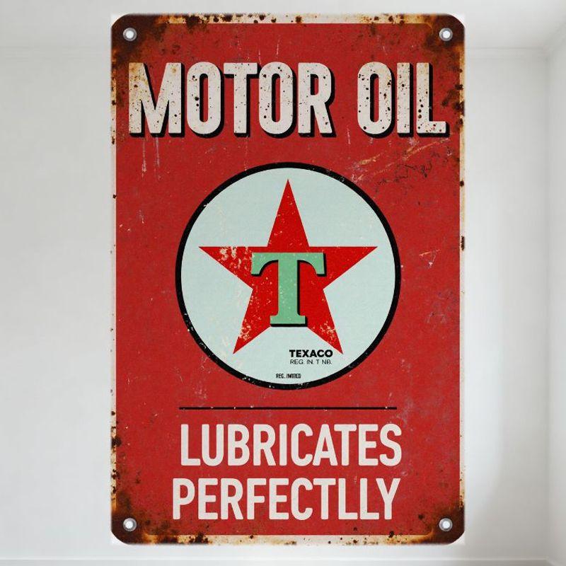 Vintage Texaco Motor Oil Metal Tin Sign Rusty Red Background Retro Advertising Plaque Home Bar Man Cave Decor with 'MOTOR OIL' '