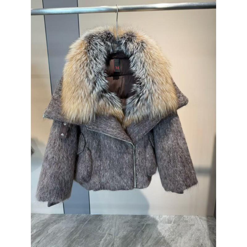 Womens 2026 Winter Goose Down Coat With Real Fox Fur Collar Loose Wool-Blend Puffer Short Jacket