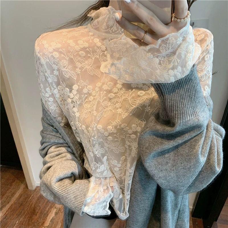 Lace Undershirt Women's Stand-Collar Autumn Winter Sweater Inner Wear Stylish Mesh Flared Sleeve Long-Sleeve Lace Top