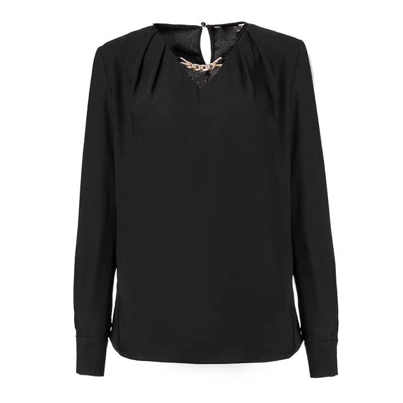 Fashion Elegant V Neck Chain Design Women Satin Shirt 2025 Spring Autumn Loose Long Sleeve Black Office Blouse Casual Simple Ladies Tops