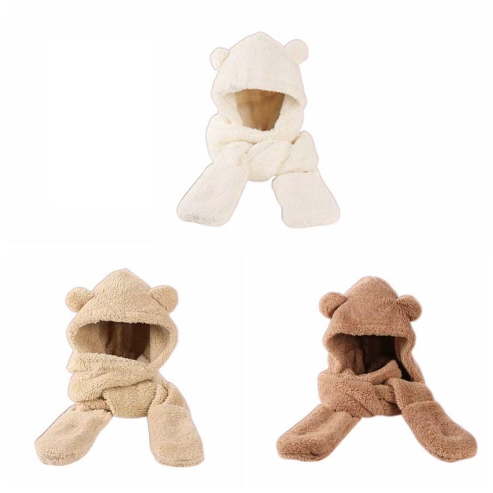 3 in 1 Plush Scarf Hat Gloves Earmuffs Fleece Scarves Hat Sweet Bear Ear Plush Beanie  Autumn