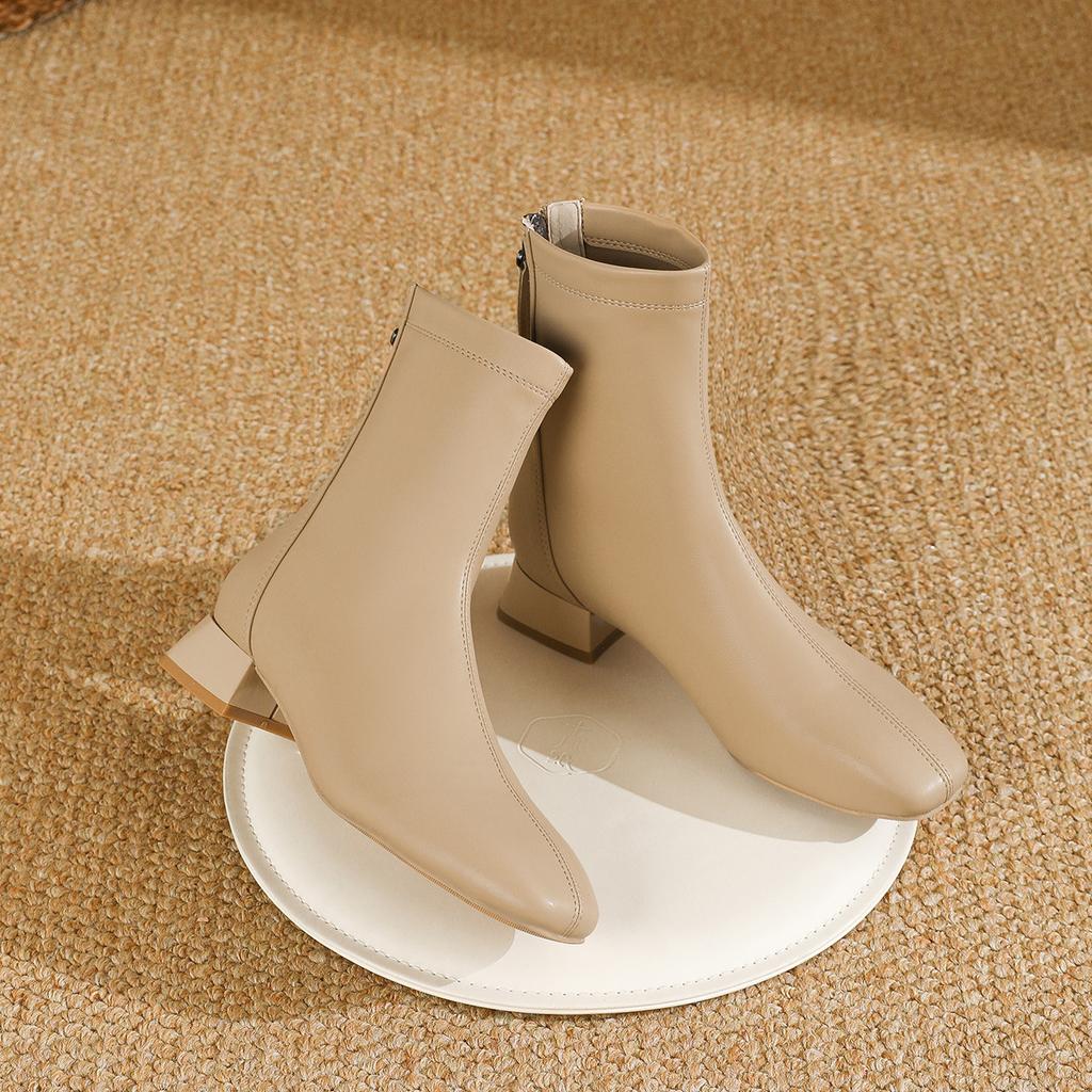 French Small Short Boots Women's Spring and Autumn Single Boots 2024 New Low-heeled Medium Boots Temperament Square Head Thick Heel Thin Boots