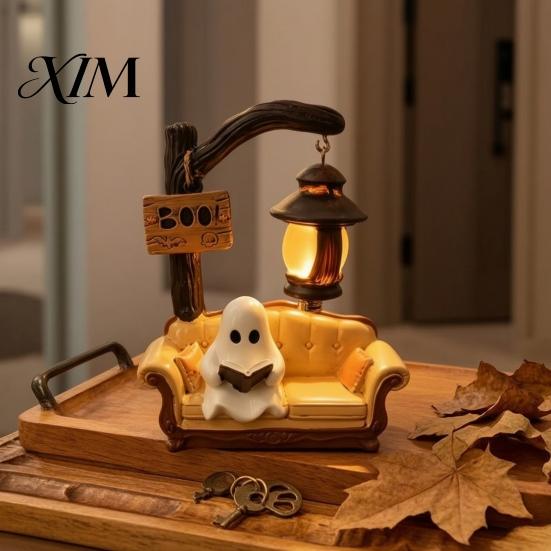 Decorative Resin Night Light Halloween Ghost Reading Book Lamp, Cute Figurine with Book, Small Mantelpiece Statue 3D Tabletop Statue, Spooky Decor for