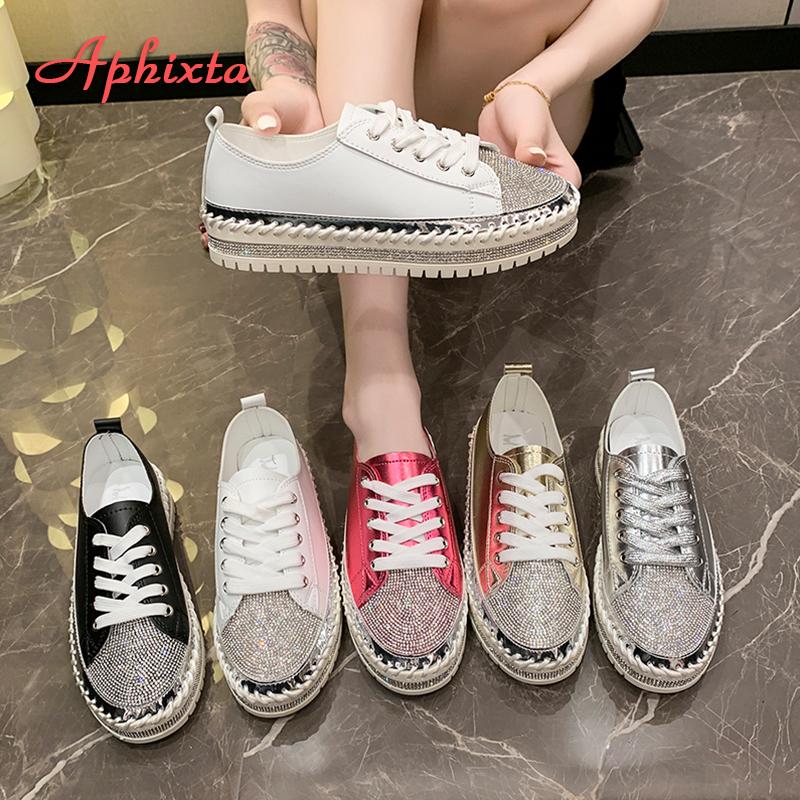 Fashion Aphixta 3cm Heels Crystal Lace Up Leather Flats Shoes Women Gold Bling Loafers Shoes Woman Flat With Casual Footwear Size 45