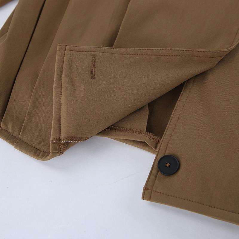 Women Pleated Lapel Pilot Jacket Loose Long Sleeve Casual Khaki Coat