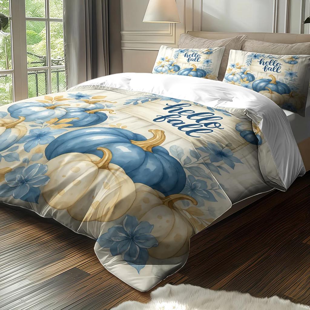 3 Pcs Harvest Pumpkin Printed Down Duvet Covers 1 Down Duvet Cover+2 Pillowcases No Core. Soft And Comfortable Bedding Set
