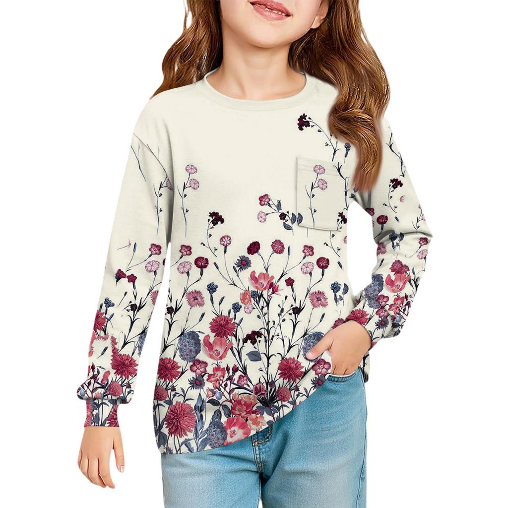 Girls' Long Sleeve Blouse - Round Neck Soft Waist Tunic