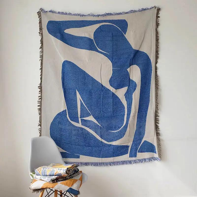 

Casual Throw Blanket With Tassels Carpet Decor Blue Bed Sofa Leisure Mat Tapestry Sofa Blanket Wall Hanging Room Home Decoration 130x160cm