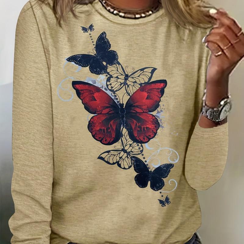 Women's Long Sleeve Colorful Butterfly Pattern T Shirts Tops 2024 Autumn New Fashion  Women's Top Harajuku Fun Pullover Clothing