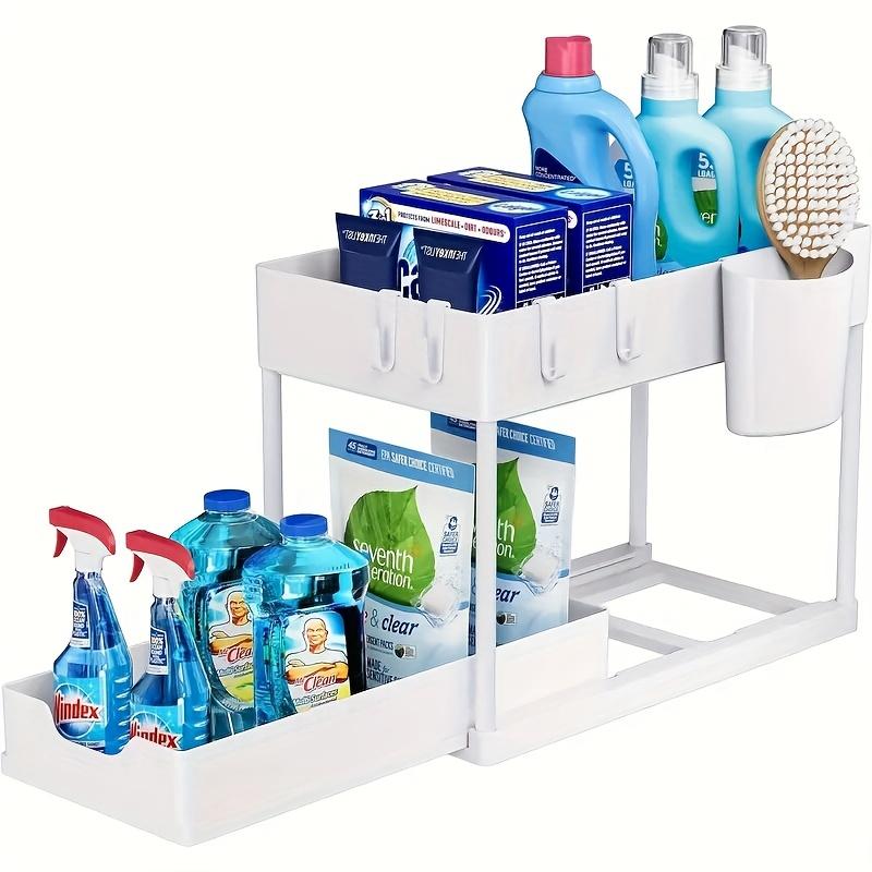 2-Tier Sliding Under Sink Organizer with Metal Frame-Plastic Storage Basket for Kitchen Spices, Cosmetics & Accessories