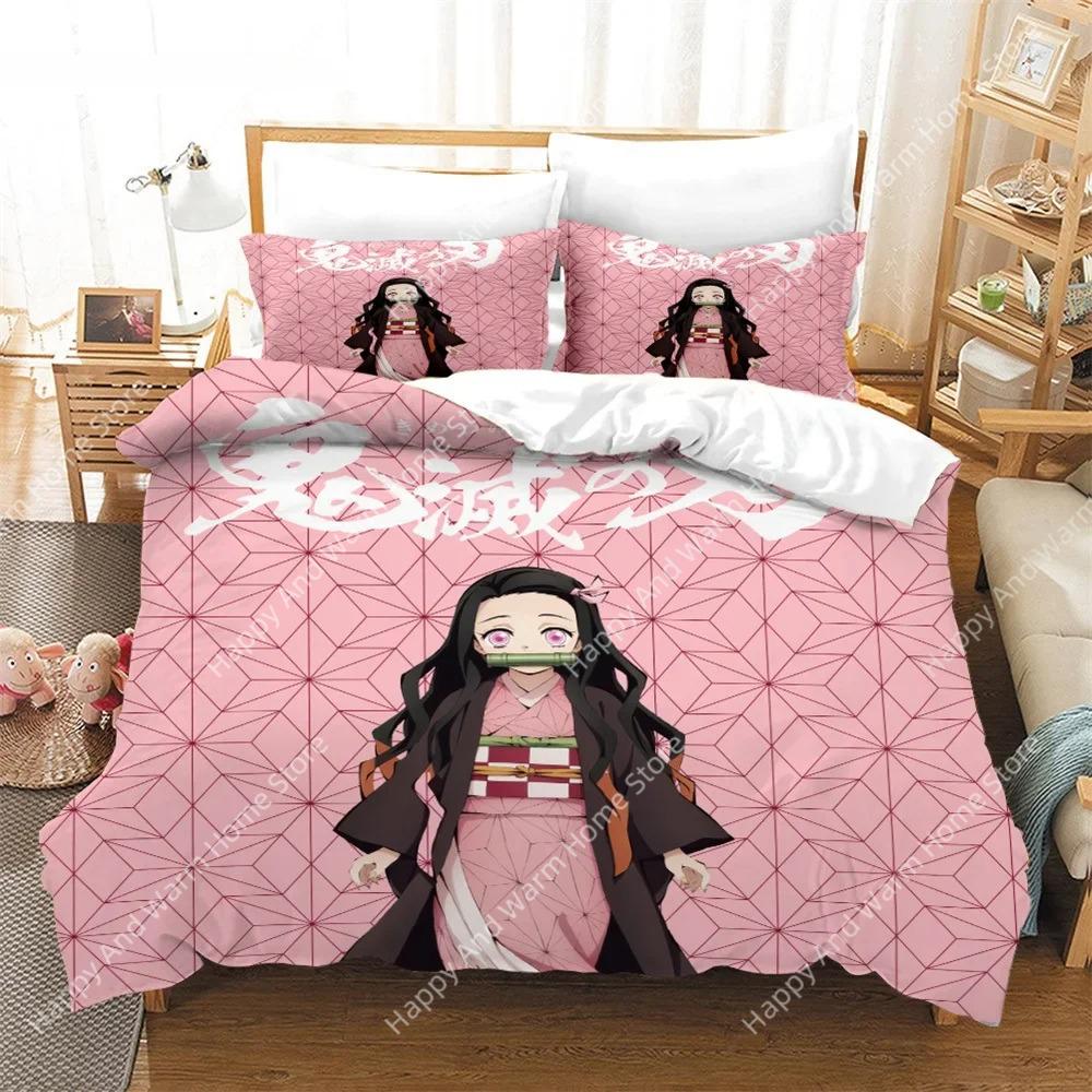 Anime Demon Slayer Beding Set Nezuko Kamado Soft Duvet Cover Warm Comforter Bed Linen Single Twin Ful Quen Sized Dimensions 3d Girl Young Boys Gift
