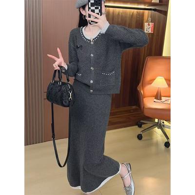 Bead Design Sweater Two-piece Set Autumn and Winter New High-waisted Skirt Knitted Sweater Set Women