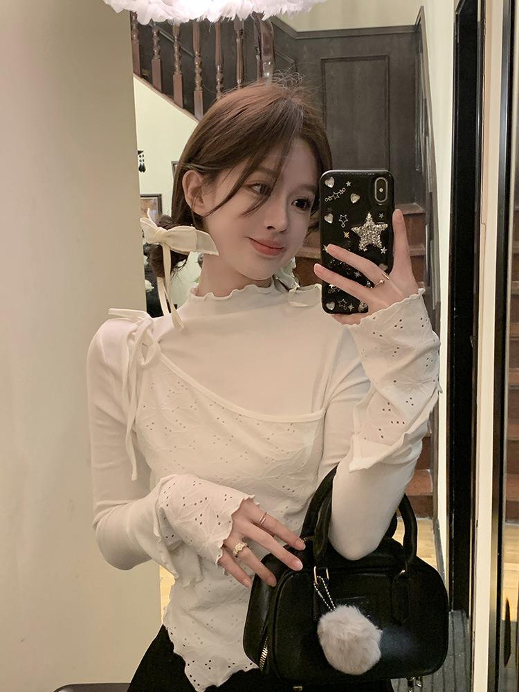 Splicing Fake Two-piece Wooden Ear Edge White Long-sleeved T-shirt Women's Spring and Autumn Slim-fit Bottoming Shirt Irregular Short Top