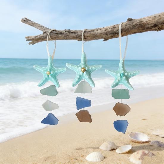 3Pcs Seaglass Hanging Decoration Handmade Bohemian Coastal Nautical Starfish Sea Glass Art Home Office Beach House Wall Ornament Pendant