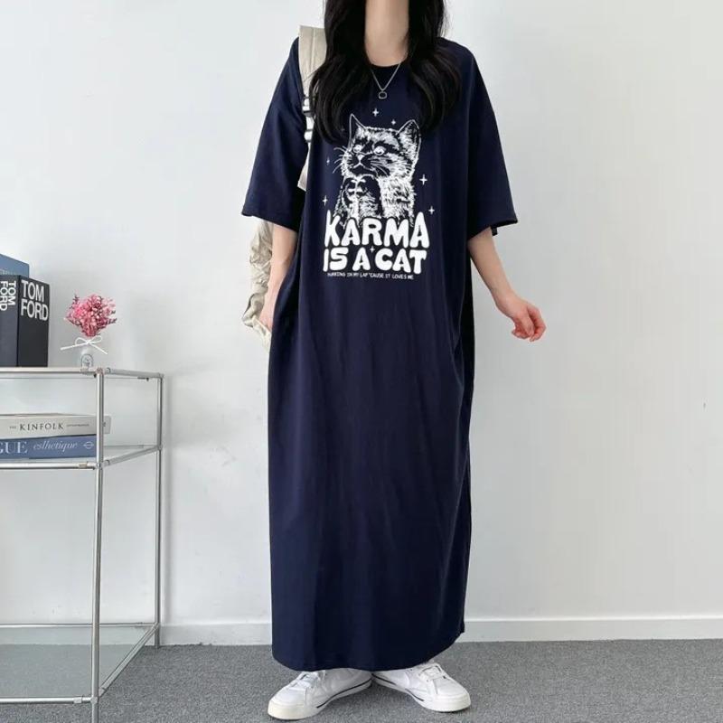 

Short-sleeved T-shirt Paired with A Loose Knee-length Skirt for A Fashionable Dress. XL темно-синього кольору
