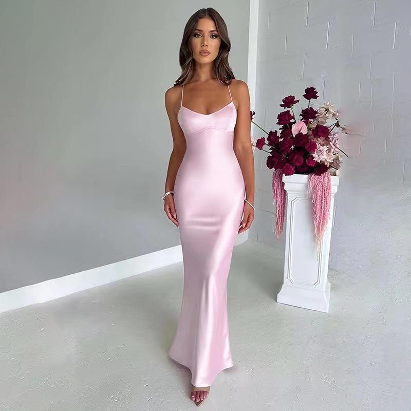 New Women's Sexy Suspender Satin Fashion Halter Strap Waist Evening Dress Dress