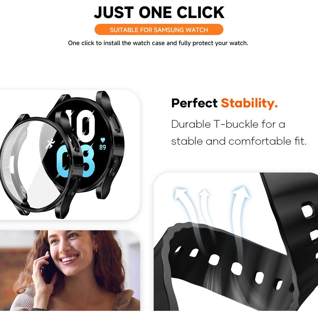 Boîtier+Bracelet pour Samsung Galaxy Watch7 40mm 44mm Bracelet en Silicone Bracelet Film de Protection d'Écran en Verre Trempé Coque Bumper en TPU