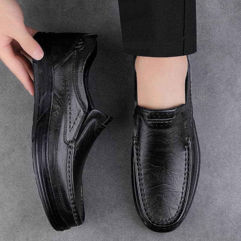 Leather shoes men's first-layer cowhide business casual loafers spring one-pedal lazy thick-soled round head foot men's leather shoes