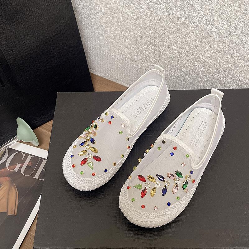 Rhinestone Fisherman Shoes Women's 2024 Spring and Summer New Korean Version Mesh Round Head Low Heel Casual Comfortable Doudou Shoes