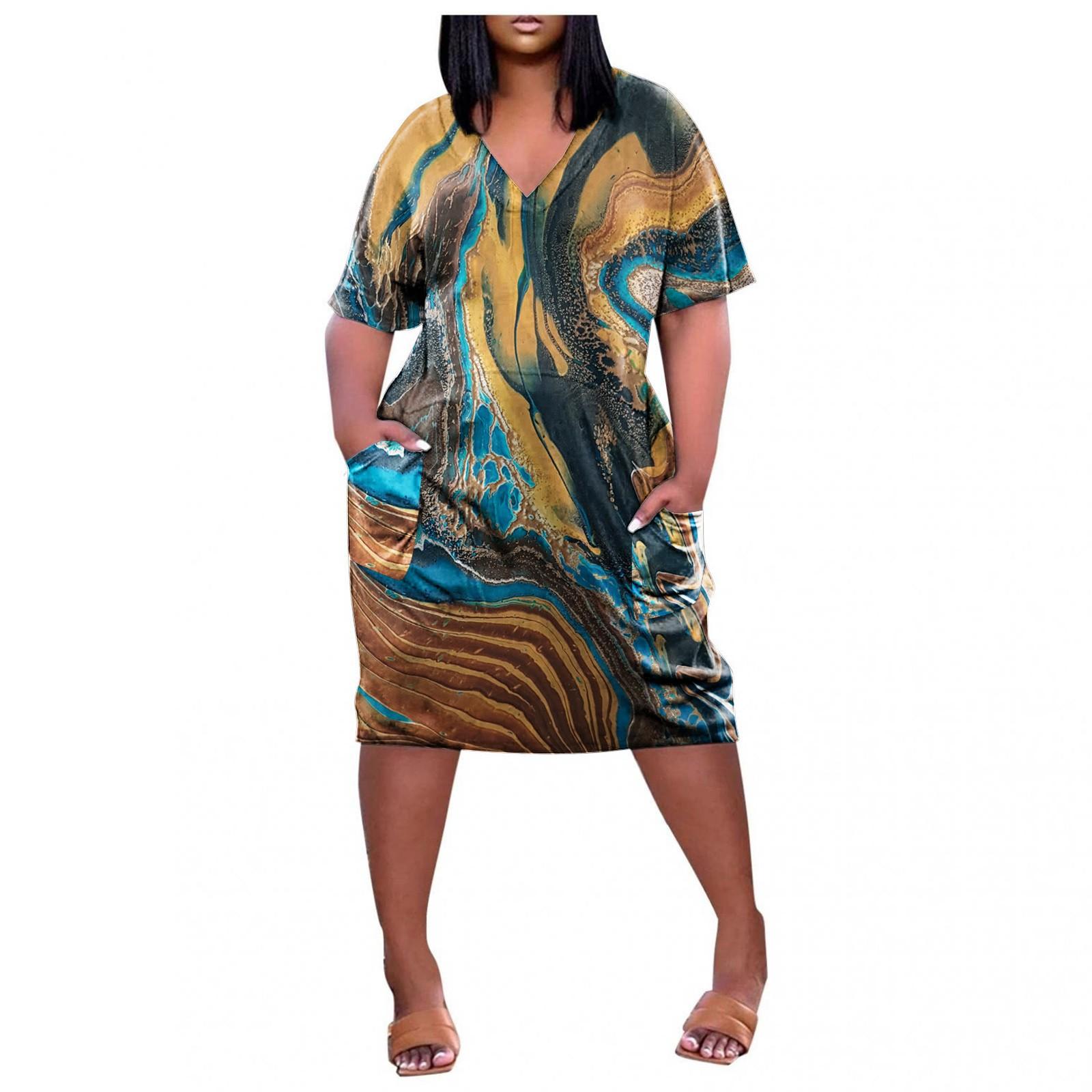 

Women s Summer Plus Size V Neck Short Sleeve Knee Pocket Casual Dress XL коричневий