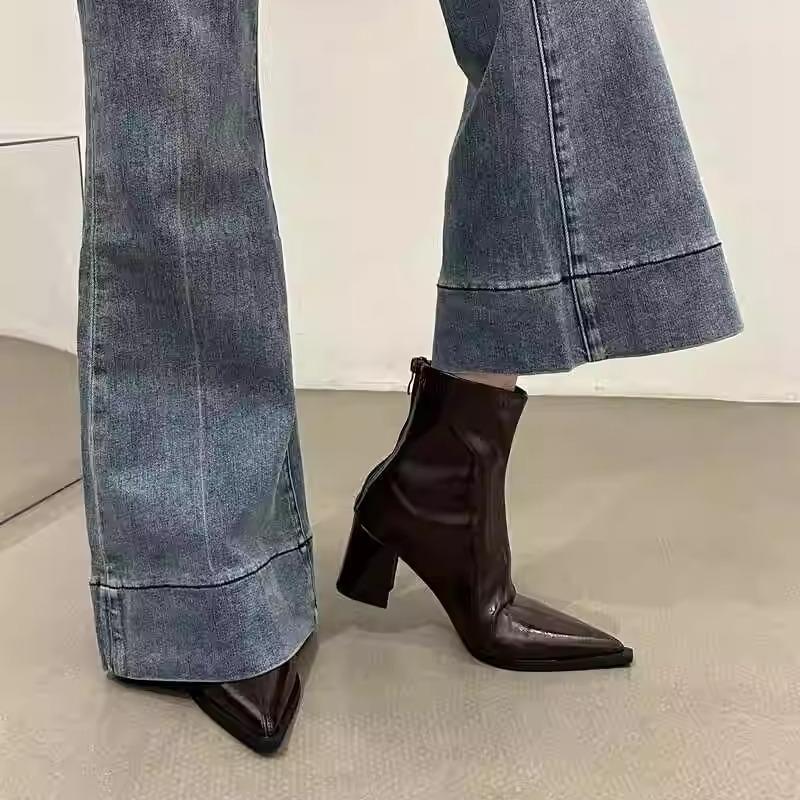 Autumn and winter pointed head thin thick heel middle heel short boots rear zipper versatile high heel thin boots women's shoes