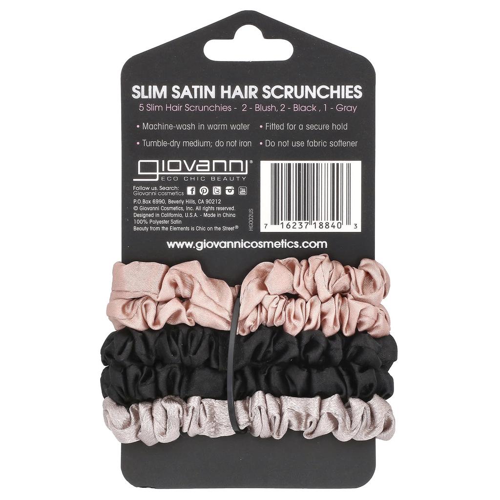 Giovanni, slim satin hair scrunchie, blush, black, gray, 5 scrunchies