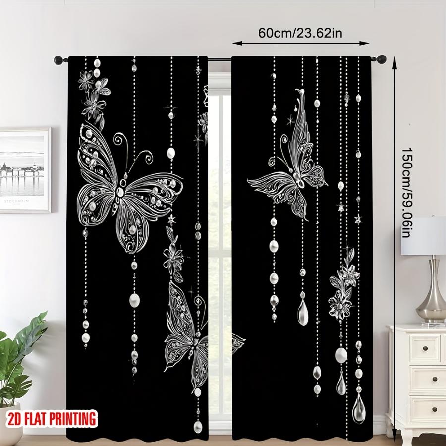 2PCS Digital Printed Curtains, Black Butterfly Pearl Charm Pattern, Stylish Window Treatment for Living Room Bedroom Decor