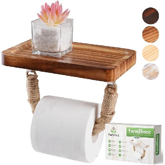 Farmhouse Toilet Paper Holder with Shelf Large, Nautical Rustic Rope for Beach Farmhouse Bathroom Decor Toilet Paper Roll Holder, Wood Bathroom