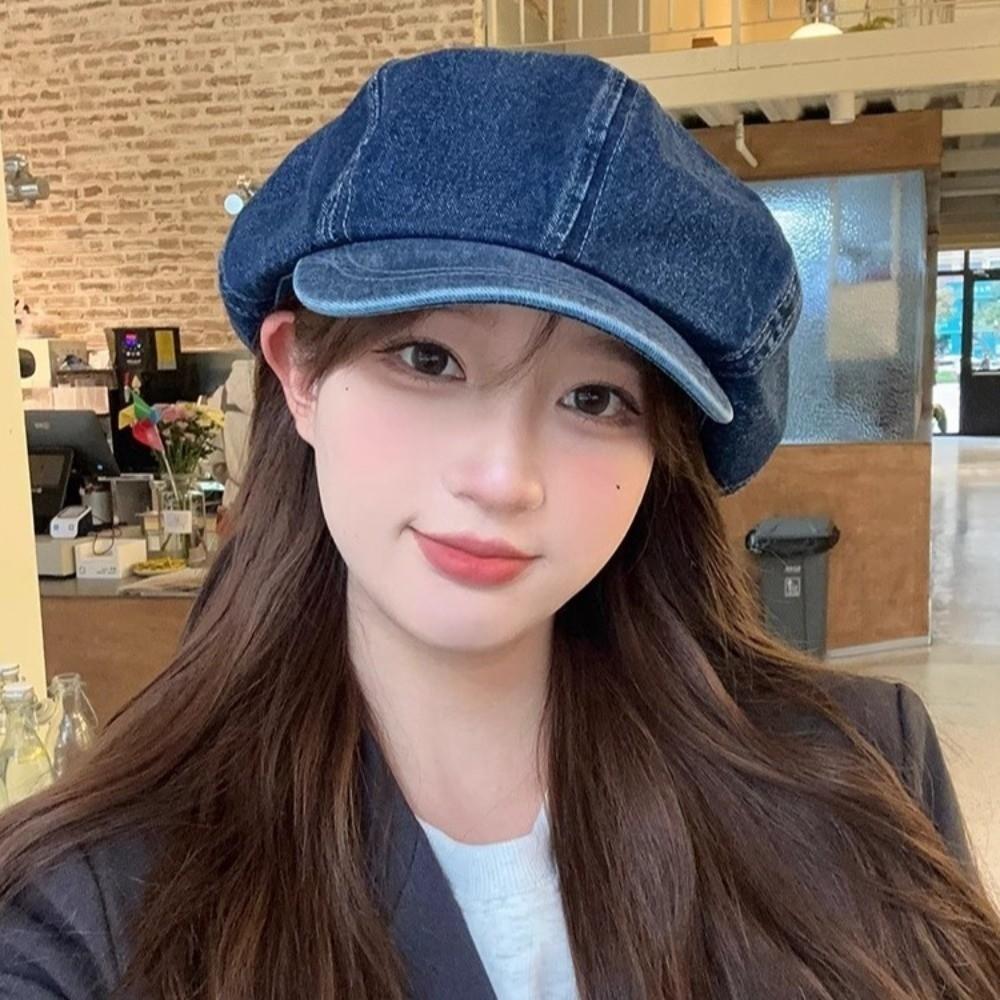 Head Circumference Denim Beret British Style Newsboy Cap Retro Denim Octagonal Hat Outdoor