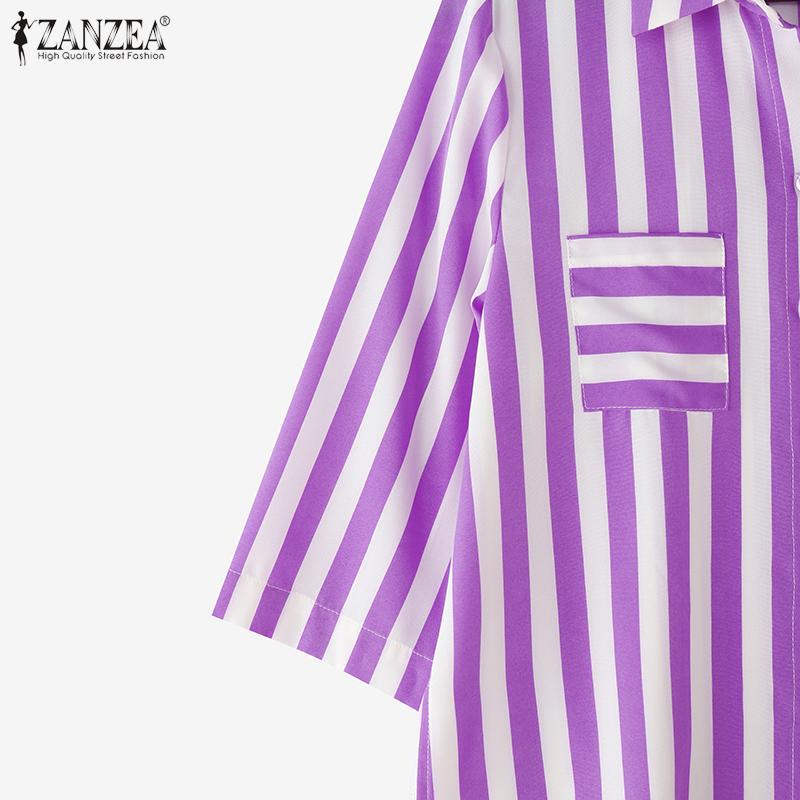 ZANZEA Women Turn Down Collar Summer Loose Casual 3/4 Sleeve Stripe Blouse