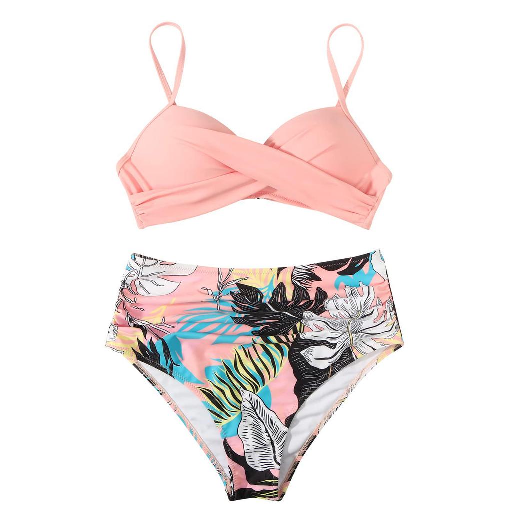 European & American Women's Multicolor High Waist Slimming Bikini with Split Hard Cup Design