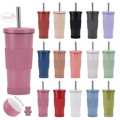 2025710Ml Stainless Steel Straw Cup Female Ceramic Liner Milk Tea Cup Non-Slip Portable Straw Thermos Cup