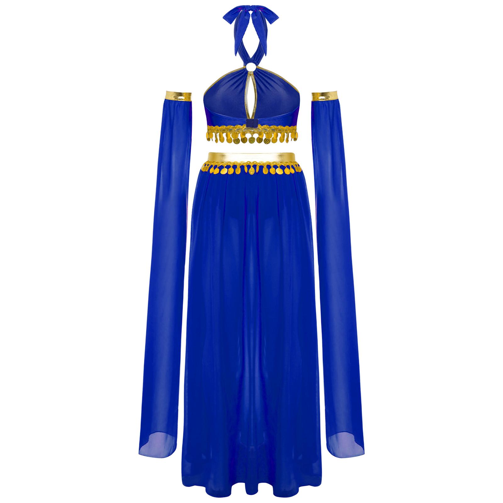 

Жіночий костюм для танцю живота, топ-кроп на зав язках-халтер з вирізом-краплею спереду та паєтками, вбудовані шорти, шифонова спідниця з розрізом XXL синій