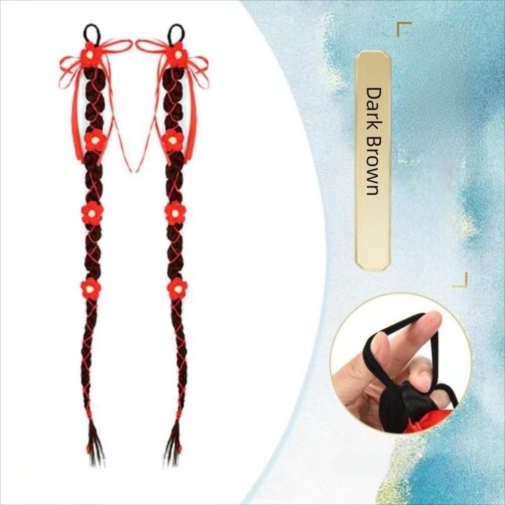 

1 Pair New Chinese Bridal Red Knitted Flower Hair Fried Dough Pony Tail Hair Piece Party темно-коричневого