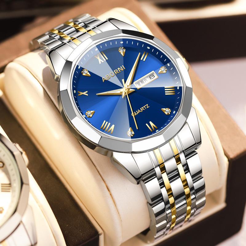 ABORNI Men's Watches Business Double Calendar Wristwatch Fashion Diamond Diamond-cut Mirror Steel Quartz Men's Watches