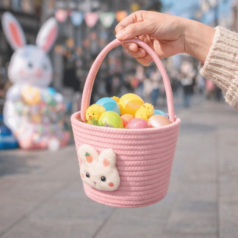 Cartoon Easter Gift Basket Cotton Thread Long Handle Gift Storage Basket Hand-Woven Multi-Purpose Handheld Woven Basket